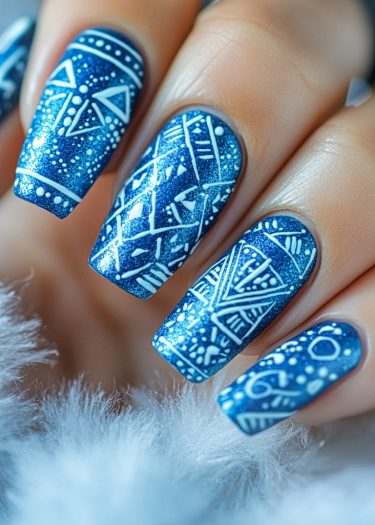 Intricate blue nail art with geometric designs and glittery finish, set against soft faux fur.