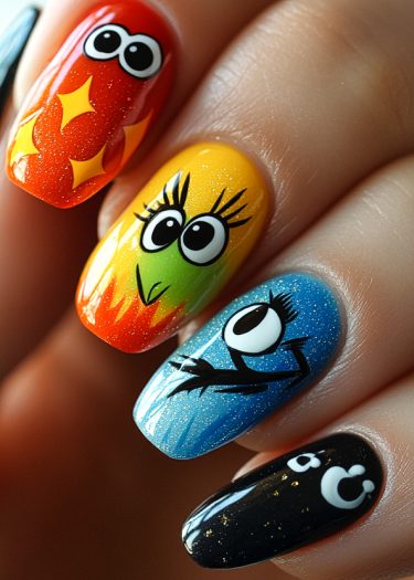 Whimsical cartoon nail art showcasing vibrant characters with expressive eyes and playful designs.