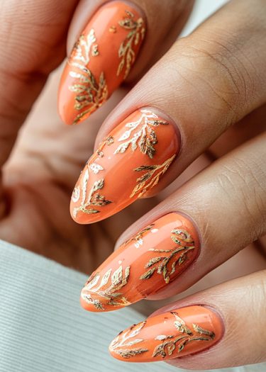 Elegant coral nail art with intricate gold leaf designs on perfectly manicured nails.