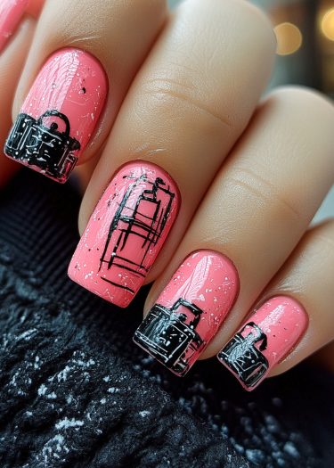 Intricate coral pink nail art featuring travel-themed designs and glossy finishes.