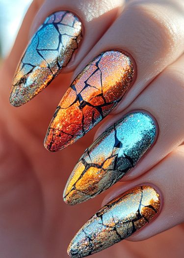 Stunning almond-shaped nails with vibrant blue and orange gradient and glittery cracked design.