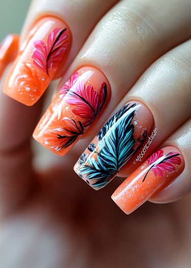 Vibrant orange gradient nails with intricate feather designs for a stunning nail art look.