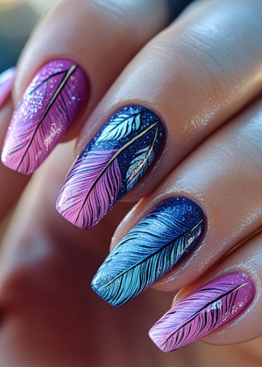 Elegant feather nail art design with vibrant colors and intricate details on almond-shaped nails.