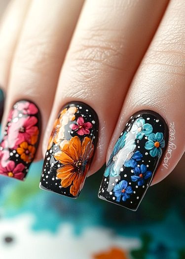 Vibrant floral nail art featuring intricate designs against a black background.