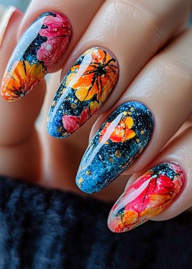 Colorful floral nail art on a starry blue background, creating a whimsical celestial design.