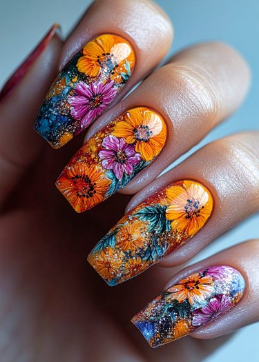 Vibrant floral nail art with intricate designs and glossy finish against a sunset gradient background.