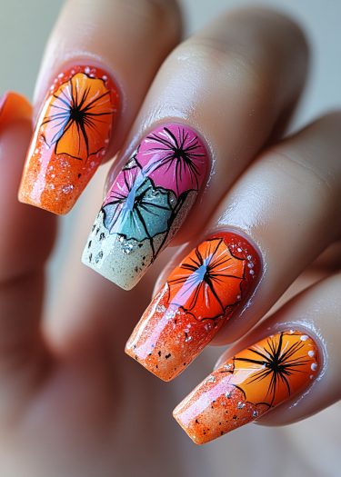 Vibrant floral nail art featuring a stunning orange gradient and intricate hand-painted designs.