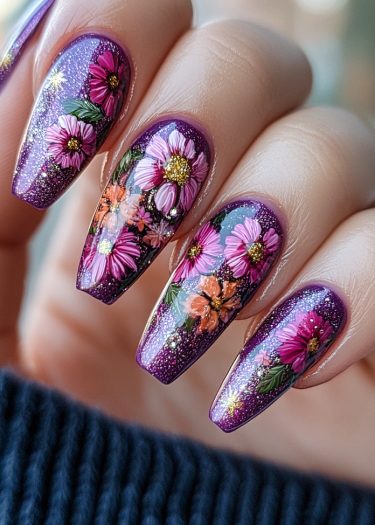 Stunning floral nail art on long purple nails features vibrant pink, orange, and green designs.