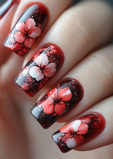 Elegant floral nail art with vibrant red gradient on black base, showcasing intricate designs.