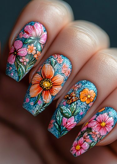 Vibrant floral nail art featuring intricate flowers on a glittery blue background.