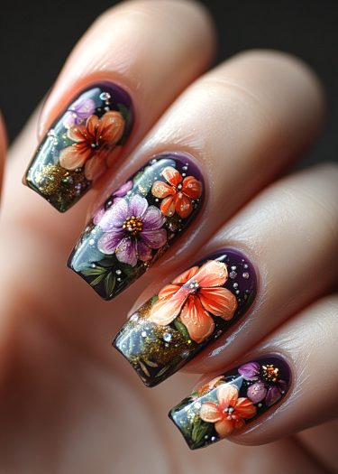 Vibrant floral nail art featuring intricate flowers and sparkling accents on a dark background.