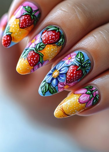 Vibrant nail art featuring detailed fruits and flowers in colorful, creative designs.