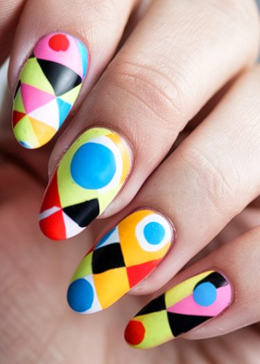 Colorful geometric nail art featuring bold shapes and vibrant patterns in various hues.