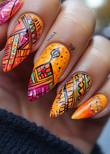 Vibrant geometric nail art in bright colors with intricate patterns on long, almond-shaped nails.