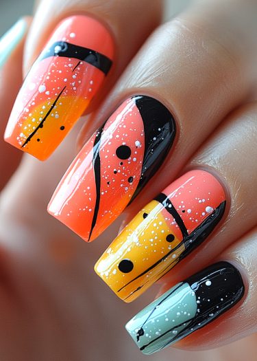 Vibrant nail art design featuring coral, orange, yellow, black, and teal gradients with abstract patterns.