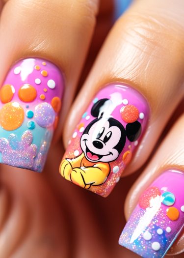 Vibrant gradient nail art with playful cartoon character and colorful 3D dots design.