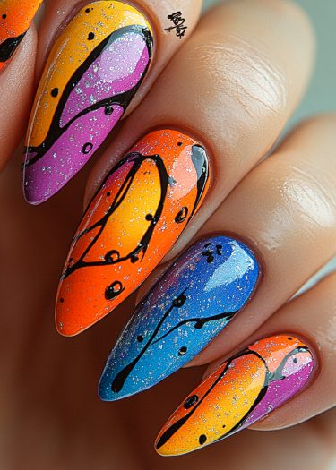 Vibrant gradient nail art with intricate designs, glossy finish, and sparkling glitter accents.