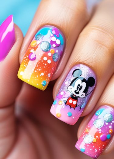 Colorful gradient nail art featuring whimsical character design and glittery bubble accents.