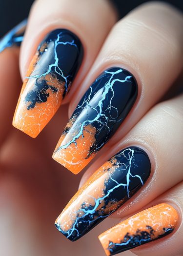 Stunning gradient nail art with white marble patterns on long, square-tipped nails.