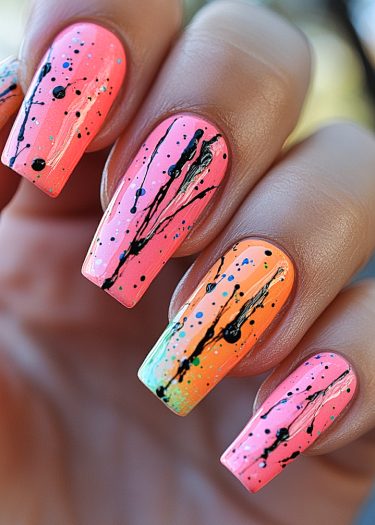 Vibrant gradient nail art with artistic splatter designs in playful colors.