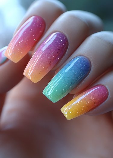 Ombre magenta to golden yellow coffin nails with glitter in a stylish manicure.