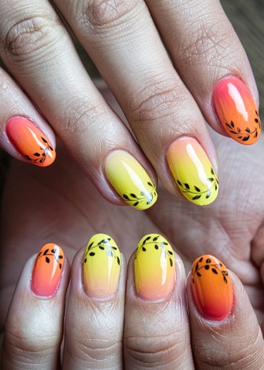 Vibrant gradient manicure showcasing yellow, orange, and red colors with elegant black leaf patterns.