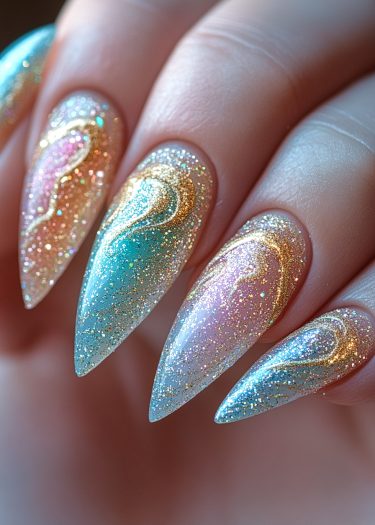 Elegant almond-shaped nails featuring pastel gradients and shimmering gold glitter design.