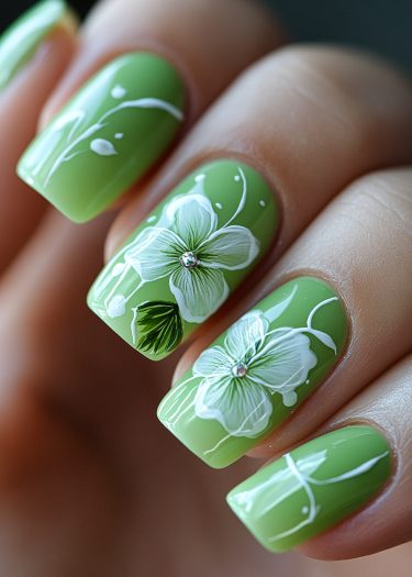 Vibrant green floral nail art with intricate white designs and sparkling embellishments.