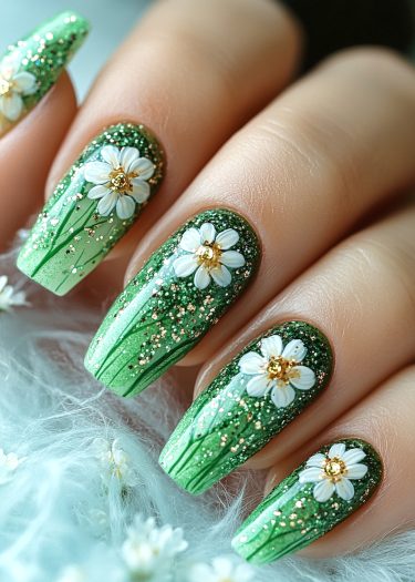 Elegant almond-shaped nails featuring vibrant green glitter and stunning 3D floral designs.