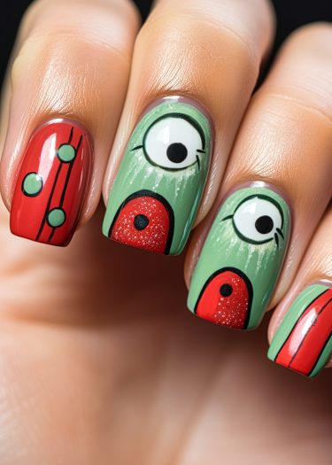 Colorful nail art featuring vibrant green and red designs with playful patterns and cartoon faces.