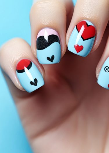 Vibrant heart nail art in sky blue, black, red, and pink showcasing playful designs.