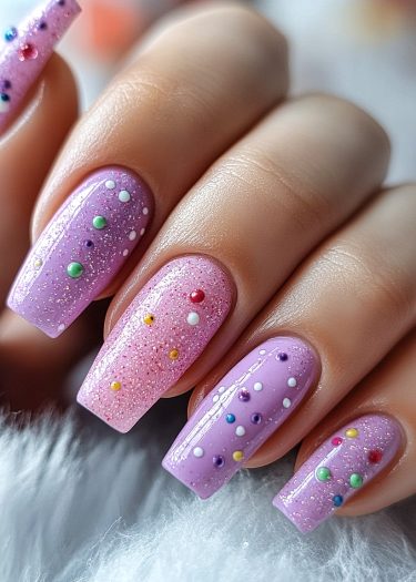 Elegant lavender nail art with colorful dots and glitter embellishments for a playful look.