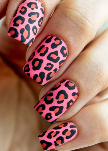 Vibrant pink leopard print nails with matte finish showcase playful and elegant nail art design.