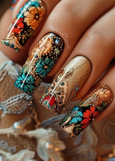 Luxurious vibrant nail art featuring floral designs, gold accents, and sparkling details.