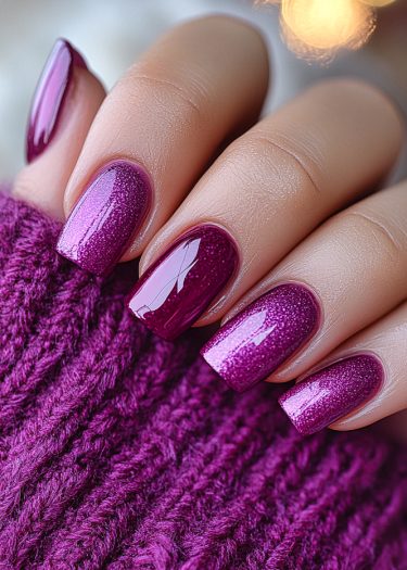 Luxurious magenta nails with a glossy finish against a cozy knitted background.