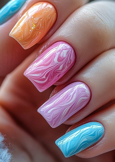 Intricately designed vibrant marble nails in stunning colors and glossy finishes.