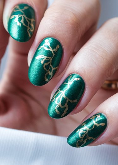 Elegant emerald green metallic nail art with intricate gold patterns showcasing sophisticated design.