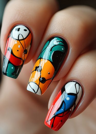 Vibrant abstract nail art featuring geometric designs in bold colors like orange, teal, and red.