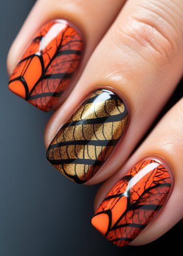 Autumn-themed nail art featuring vibrant orange and luxurious gold designs with intricate patterns.