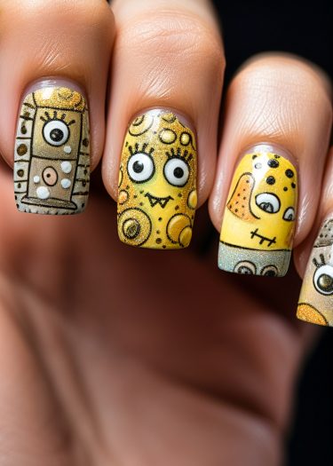 Playful robot-themed nail art featuring colorful designs and vibrant details for creative manicures.