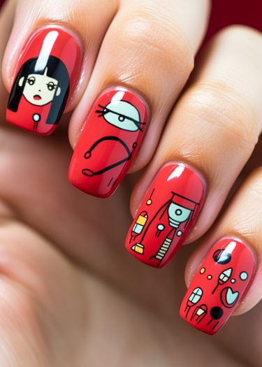 Vibrant red nail art featuring playful abstract designs and cartoon elements for a striking look.