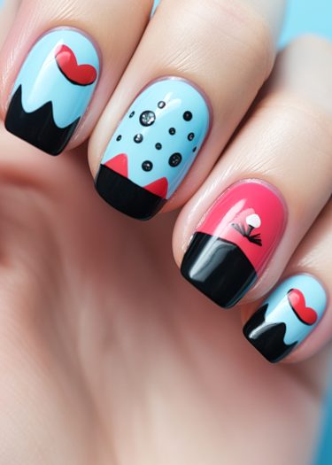 Vibrant pastel blue and pink nail art design with playful black accents and red hearts.