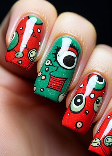 Vibrant nail art featuring abstract designs in red, green, and black for a modern look.