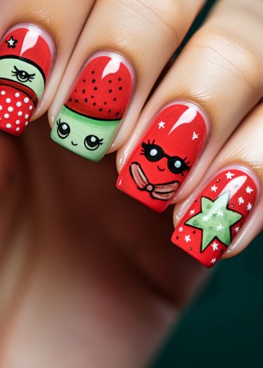 Creative red and green nail art featuring whimsical characters and playful designs.