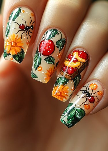 Vibrant autumn nail art featuring intricate insects, flowers, and fruits on a warm beige background.