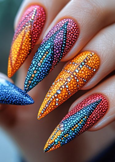 Edgy, vibrant nail art featuring colorful beads and rhinestones for a glamorous look.