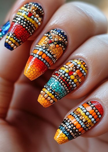 Bold mosaic nail art design featuring vibrant colors and intricate textures for a striking look.