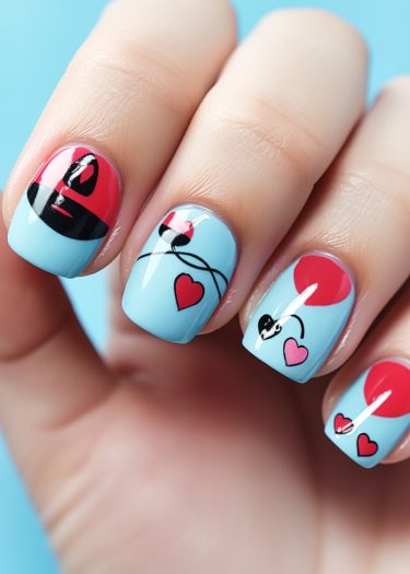 Colorful nail art design featuring blue base, pop art elements, and playful shapes.