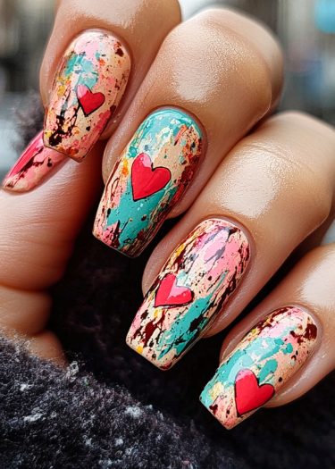 Artistic vibrant nail art with colorful splashes and red hearts on a manicured hand.