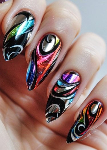 Vibrant, artistic nail design featuring swirling colors and glossy finishes on almond-shaped nails.